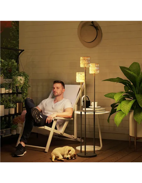 Outsunny Boho Rattan Floor Lamp, 3-Lights Rattan Lamp with Shelf, Freestanding Solar Garden Light with Auto On/Off Lights, IP44 