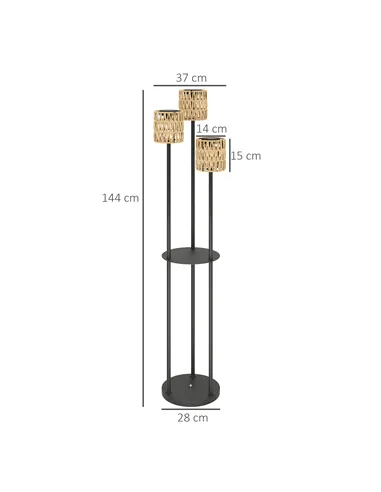 Outsunny Boho Rattan Floor Lamp, 3-Lights Rattan Lamp with Shelf, Freestanding Solar Garden Light with Auto On/Off Lights, IP44 