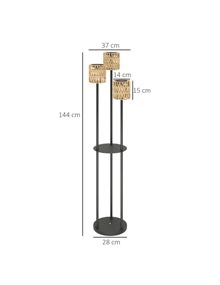 Outsunny Boho Rattan Floor Lamp, 3-Lights Rattan Lamp with Shelf, Freestanding Solar Garden Light with Auto On/Off Lights, IP44 