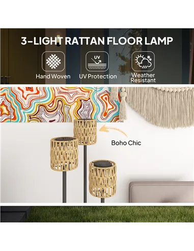Outsunny Boho Rattan Floor Lamp, 3-Lights Rattan Lamp with Shelf, Freestanding Solar Garden Light with Auto On/Off Lights, IP44 
