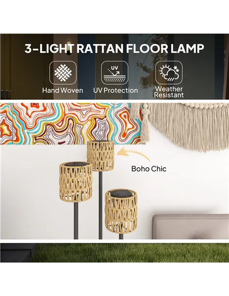 Outsunny Boho Rattan Floor Lamp, 3-Lights Rattan Lamp with Shelf, Freestanding Solar Garden Light with Auto On/Off Lights, IP44 