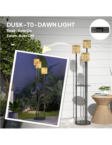 Outsunny Boho Rattan Floor Lamp, 3-Lights Rattan Lamp with Shelf, Freestanding Solar Garden Light with Auto On/Off Lights, IP44 