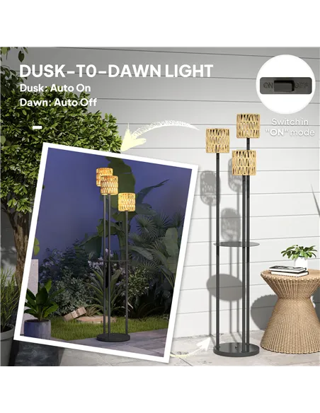 Outsunny Boho Rattan Floor Lamp, 3-Lights Rattan Lamp with Shelf, Freestanding Solar Garden Light with Auto On/Off Lights, IP44 