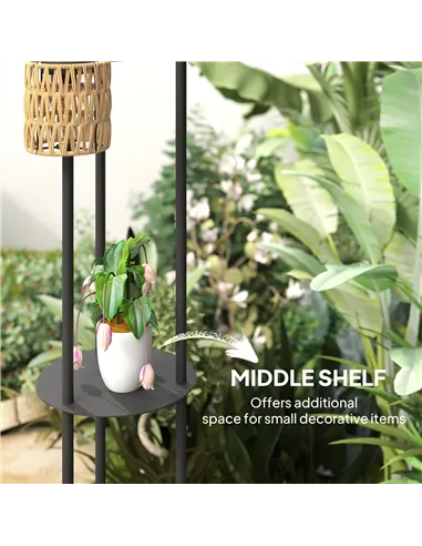 Outsunny Boho Rattan Floor Lamp, 3-Lights Rattan Lamp with Shelf, Freestanding Solar Garden Light with Auto On/Off Lights, IP44 