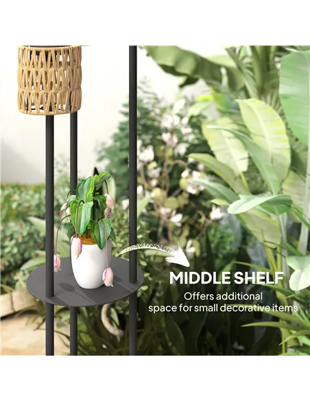 Outsunny Boho Rattan Floor Lamp, 3-Lights Rattan Lamp with Shelf, Freestanding Solar Garden Light with Auto On/Off Lights, IP44 
