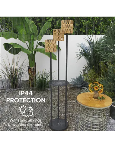 Outsunny Boho Rattan Floor Lamp, 3-Lights Rattan Lamp with Shelf, Freestanding Solar Garden Light with Auto On/Off Lights, IP44 