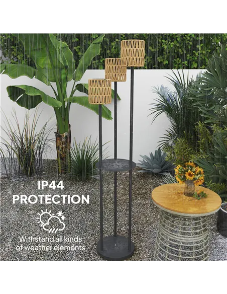 Outsunny Boho Rattan Floor Lamp, 3-Lights Rattan Lamp with Shelf, Freestanding Solar Garden Light with Auto On/Off Lights, IP44 