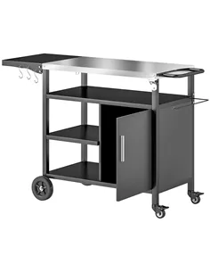 Outsunny Outdoor BBQ Trolley with Foldable Side Table, Stainless Steel Top, Outdoor Kitchen with Wheels Hooks Shelves Cabinet, P