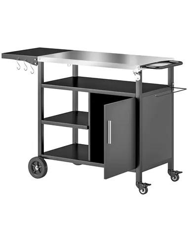 Outsunny Outdoor BBQ Trolley with Foldable Side Table, Stainless Steel Top, Outdoor Kitchen with Wheels Hooks Shelves Cabinet, P