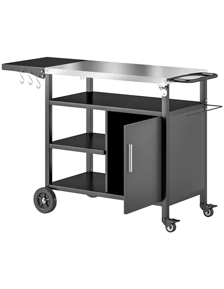 Outsunny Outdoor BBQ Trolley with Foldable Side Table, Stainless Steel Top, Outdoor Kitchen with Wheels Hooks Shelves Cabinet, P