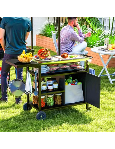 Outsunny Outdoor BBQ Trolley with Foldable Side Table, Stainless Steel Top, Outdoor Kitchen with Wheels Hooks Shelves Cabinet, P