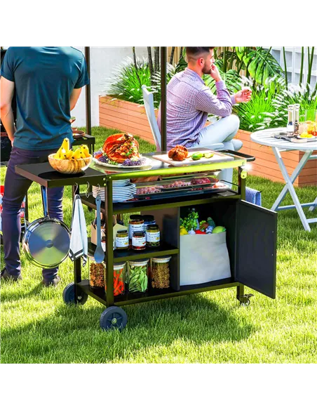 Outsunny Outdoor BBQ Trolley with Foldable Side Table, Stainless Steel Top, Outdoor Kitchen with Wheels Hooks Shelves Cabinet, P