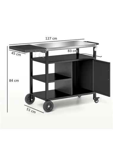 Outsunny Outdoor BBQ Trolley with Foldable Side Table, Stainless Steel Top, Outdoor Kitchen with Wheels Hooks Shelves Cabinet, P