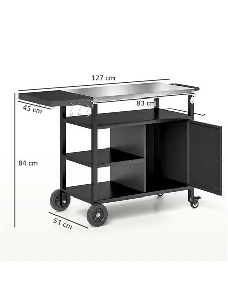 Outsunny Outdoor BBQ Trolley with Foldable Side Table, Stainless Steel Top, Outdoor Kitchen with Wheels Hooks Shelves Cabinet, P