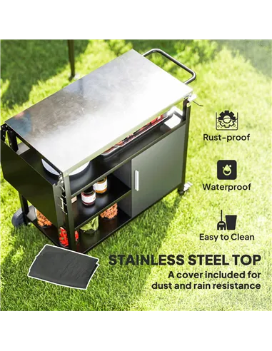 Outsunny Outdoor BBQ Trolley with Foldable Side Table, Stainless Steel Top, Outdoor Kitchen with Wheels Hooks Shelves Cabinet, P