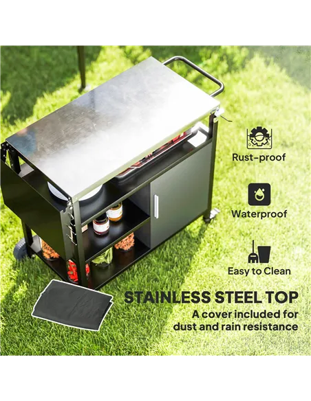 Outsunny Outdoor BBQ Trolley with Foldable Side Table, Stainless Steel Top, Outdoor Kitchen with Wheels Hooks Shelves Cabinet, P