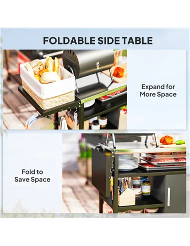 Outsunny Outdoor BBQ Trolley with Foldable Side Table, Stainless Steel Top, Outdoor Kitchen with Wheels Hooks Shelves Cabinet, P
