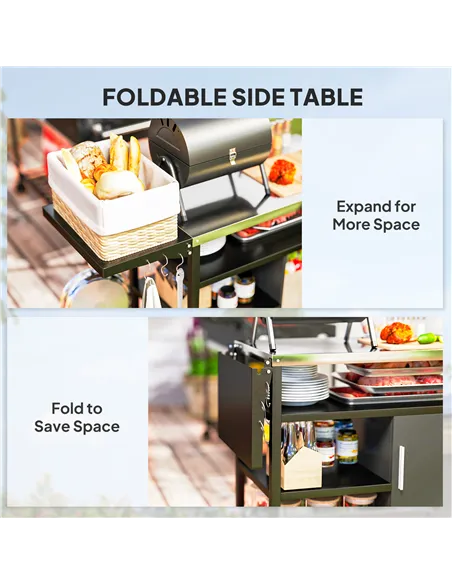 Outsunny Outdoor BBQ Trolley with Foldable Side Table, Stainless Steel Top, Outdoor Kitchen with Wheels Hooks Shelves Cabinet, P