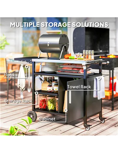 Outsunny Outdoor BBQ Trolley with Foldable Side Table, Stainless Steel Top, Outdoor Kitchen with Wheels Hooks Shelves Cabinet, P