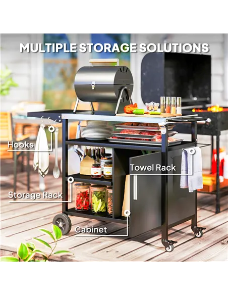 Outsunny Outdoor BBQ Trolley with Foldable Side Table, Stainless Steel Top, Outdoor Kitchen with Wheels Hooks Shelves Cabinet, P