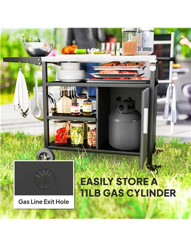 Outsunny Outdoor BBQ Trolley with Foldable Side Table, Stainless Steel Top, Outdoor Kitchen with Wheels Hooks Shelves Cabinet, P