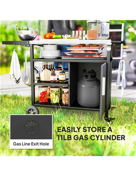 Outsunny Outdoor BBQ Trolley with Foldable Side Table, Stainless Steel Top, Outdoor Kitchen with Wheels Hooks Shelves Cabinet, P