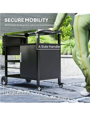 Outsunny Outdoor BBQ Trolley with Foldable Side Table, Stainless Steel Top, Outdoor Kitchen with Wheels Hooks Shelves Cabinet, P