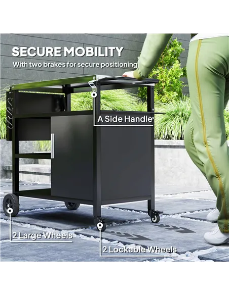 Outsunny Outdoor BBQ Trolley with Foldable Side Table, Stainless Steel Top, Outdoor Kitchen with Wheels Hooks Shelves Cabinet, P