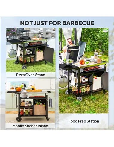 Outsunny Outdoor BBQ Trolley with Foldable Side Table, Stainless Steel Top, Outdoor Kitchen with Wheels Hooks Shelves Cabinet, P