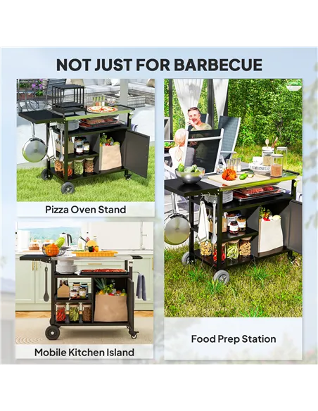 Outsunny Outdoor BBQ Trolley with Foldable Side Table, Stainless Steel Top, Outdoor Kitchen with Wheels Hooks Shelves Cabinet, P