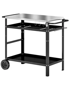 Outsunny BBQ Trolley with Stainless Steel Top Adjustable Shelf, Outdoor Kitchen BBQ Station with Hooks Seasoning Tray Towel Rack
