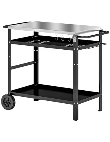 Outsunny BBQ Trolley with Stainless Steel Top Adjustable Shelf, Outdoor Kitchen BBQ Station with Hooks Seasoning Tray Towel Rack