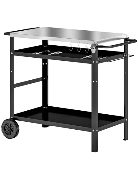 Outsunny BBQ Trolley with Stainless Steel Top Adjustable Shelf, Outdoor Kitchen BBQ Station with Hooks Seasoning Tray Towel Rack