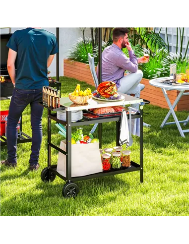 Outsunny BBQ Trolley with Stainless Steel Top Adjustable Shelf, Outdoor Kitchen BBQ Station with Hooks Seasoning Tray Towel Rack