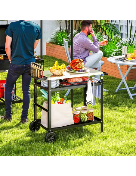 Outsunny BBQ Trolley with Stainless Steel Top Adjustable Shelf, Outdoor Kitchen BBQ Station with Hooks Seasoning Tray Towel Rack