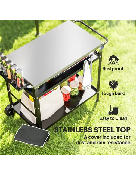 Outsunny BBQ Trolley with Stainless Steel Top Adjustable Shelf, Outdoor Kitchen BBQ Station with Hooks Seasoning Tray Towel Rack