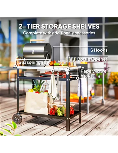 Outsunny BBQ Trolley with Stainless Steel Top Adjustable Shelf, Outdoor Kitchen BBQ Station with Hooks Seasoning Tray Towel Rack