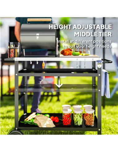 Outsunny BBQ Trolley with Stainless Steel Top Adjustable Shelf, Outdoor Kitchen BBQ Station with Hooks Seasoning Tray Towel Rack