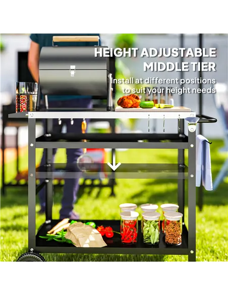 Outsunny BBQ Trolley with Stainless Steel Top Adjustable Shelf, Outdoor Kitchen BBQ Station with Hooks Seasoning Tray Towel Rack