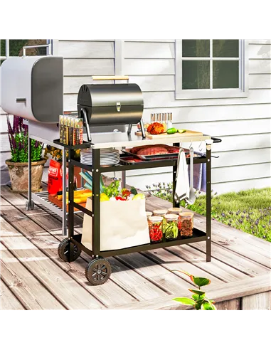 Outsunny BBQ Trolley with Stainless Steel Top Adjustable Shelf, Outdoor Kitchen BBQ Station with Hooks Seasoning Tray Towel Rack