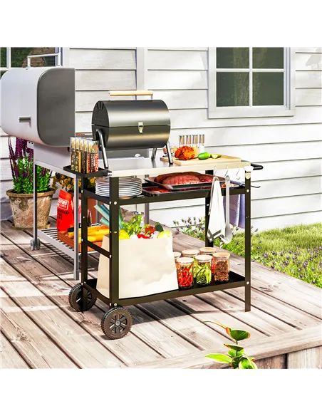 Outsunny BBQ Trolley with Stainless Steel Top Adjustable Shelf, Outdoor Kitchen BBQ Station with Hooks Seasoning Tray Towel Rack