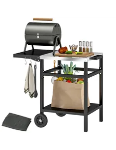 Outsunny BBQ Trolley with Stainless Steel Top and Foldable Side Table, Outdoor Kitchen BBQ Station with Hooks and Shelf, Pizza O
