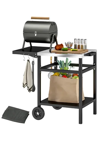 Outsunny BBQ Trolley with Stainless Steel Top and Foldable Side Table, Outdoor Kitchen BBQ Station with Hooks and Shelf, Pizza O