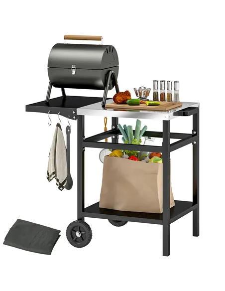 Outsunny BBQ Trolley with Stainless Steel Top and Foldable Side Table, Outdoor Kitchen BBQ Station with Hooks and Shelf, Pizza O