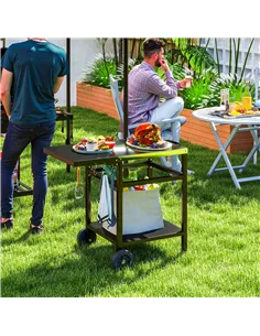 Outsunny BBQ Trolley with Stainless Steel Top and Foldable Side Table, Outdoor Kitchen BBQ Station with Hooks and Shelf, Pizza O 2