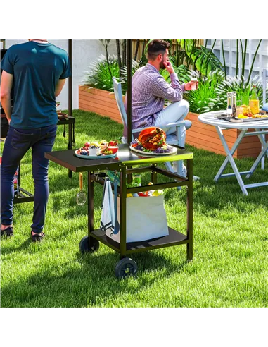 Outsunny BBQ Trolley with Stainless Steel Top and Foldable Side Table, Outdoor Kitchen BBQ Station with Hooks and Shelf, Pizza O