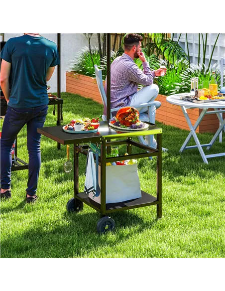 Outsunny BBQ Trolley with Stainless Steel Top and Foldable Side Table, Outdoor Kitchen BBQ Station with Hooks and Shelf, Pizza O