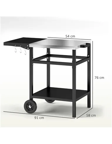 Outsunny BBQ Trolley with Stainless Steel Top and Foldable Side Table, Outdoor Kitchen BBQ Station with Hooks and Shelf, Pizza O