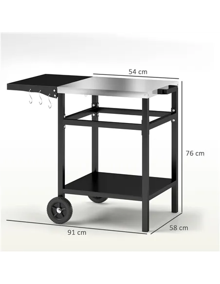 Outsunny BBQ Trolley with Stainless Steel Top and Foldable Side Table, Outdoor Kitchen BBQ Station with Hooks and Shelf, Pizza O