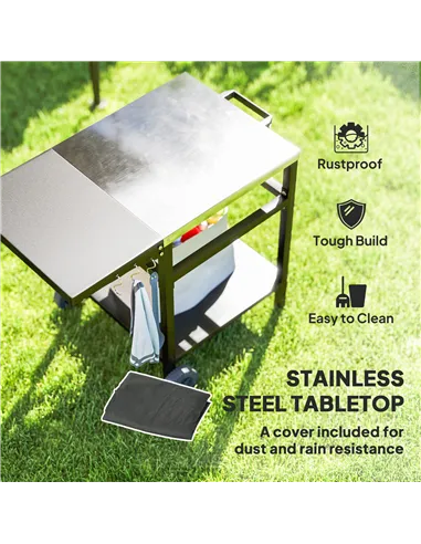 Outsunny BBQ Trolley with Stainless Steel Top and Foldable Side Table, Outdoor Kitchen BBQ Station with Hooks and Shelf, Pizza O